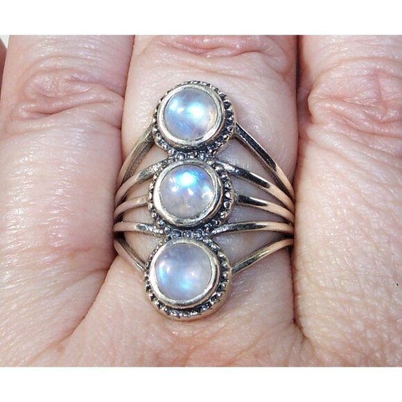 925 STERLING SILVER Genuine Rainbow Moonstone Statement Ring - Picture 5 of 14